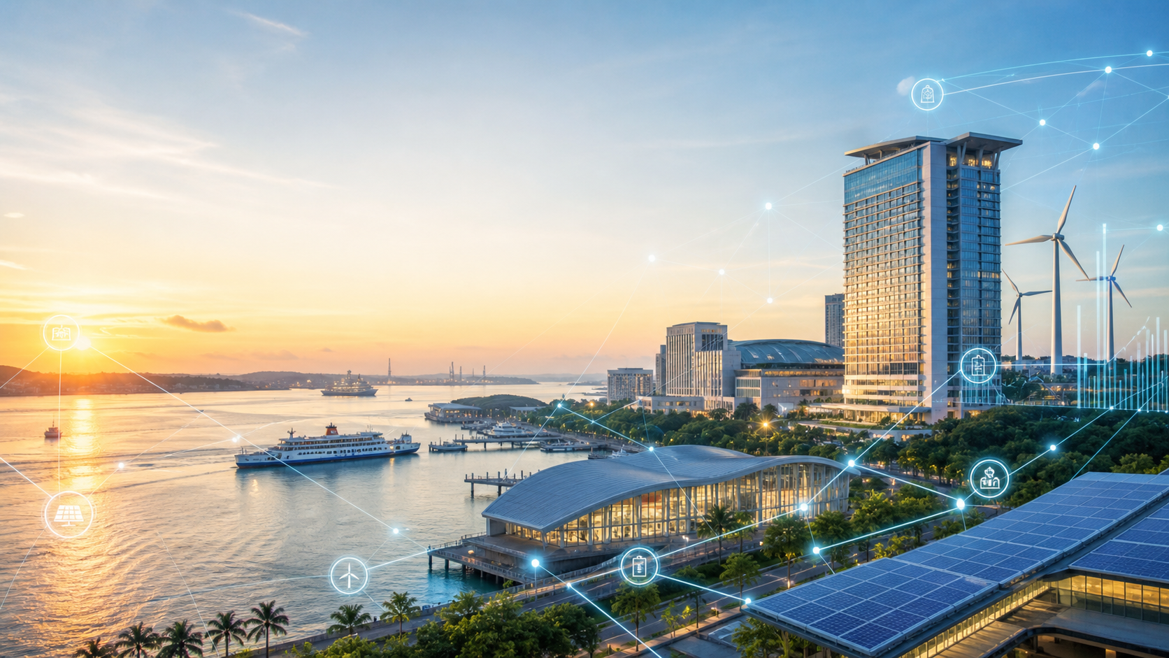 Smart waterfront city with renewable energy grid visualization